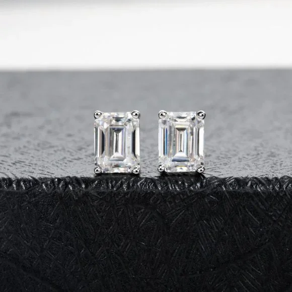 Certified Moissanite Diamond Emerald Cut Stud Earrings NEW
